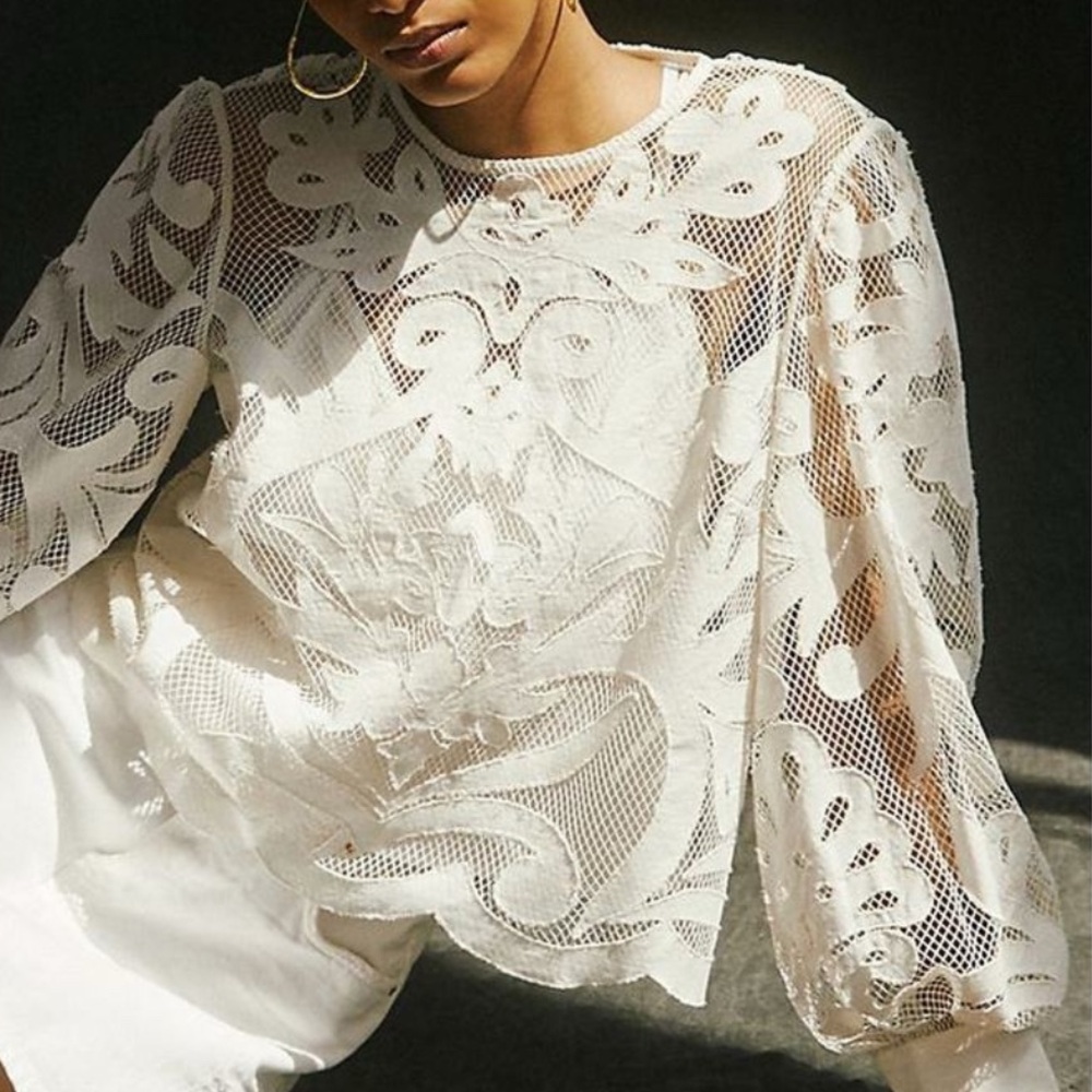 Anthropologie White Lace Cutout Blouse Long Sleeve